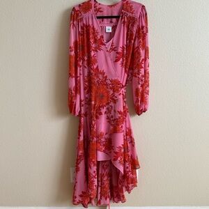 CAbi Pink and Red Floral Drama Long Sleeve Dress Size L